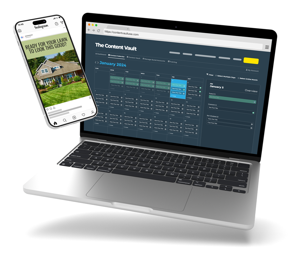 Content Vault website on a laptop with a phone with an Instagram post on it